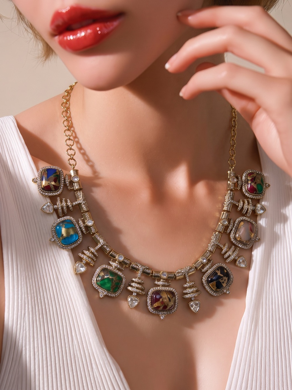 Multi-Color marble stones Statement Necklace and earrings